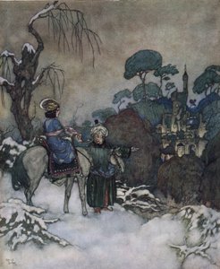Belle en het Beest: de Belle, die ermee instemde de plaats van haar vader als gevangene van de Bete in te nemen om hem te bevrijden, gaat richting het kasteel door Edmund Dulac