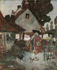 Assepoester: de minister zoekt in alle huisjes en huizen van het koninkrijk naar het meisje dat haar glazen muiltje verloor, ca. 1910 (lithografie) door Edmund Dulac