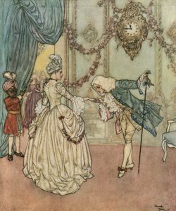 Assepoester: De jonge Assepoester kwam naar het bal dankzij haar peettante en ontmoet de prins die haar hand kust c.1910 (lithografie)