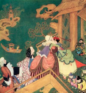 "Laideronnette kuste en omhelsde de goede Fee Beschermster", illustratie uit het Franse sprookje De Groene Slang, uit Edmund Dulac