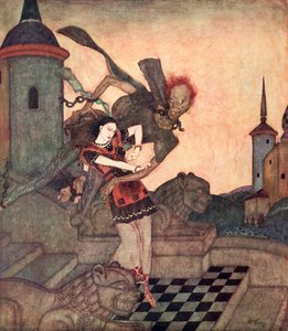"De Prins, kijkend naar buiten, zag hem de Prinses grijpen en snel wegvliegen", illustratie uit het Servische sprookje Het Verhaal van Bashtchelik, uit Edmund Dulac