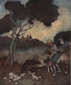 De schone slaapster: torens van het kasteel van de prinses verschijnen boven de bomen door Edmund Dulac