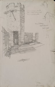 Schets van de klokkentoren van New College, met loden dak, 1908 potlood op papier (detail)