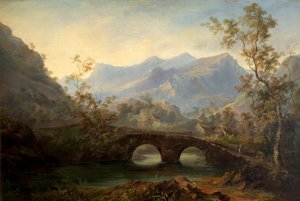 Bergachtig landschap met rivier, brug en huisjes, 19e eeuw door Edmund John Niemann