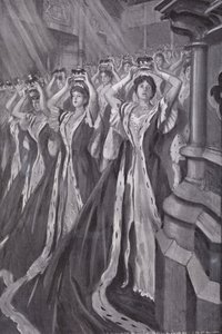 Vrouwen van adel zetten hun kronen op bij de kroning van koningin Alexandra, gemalin van koning Edward VII, Westminster Abbey, Londen door Edmund Joseph (after) Sullivan