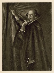 William Shakespeare houdt het gordijn vast en zegt ons stil te zijn