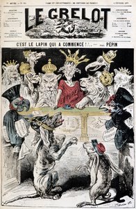 Het konijn is begonnen! - Cartoon over het Frans-Duitse conflict, een hond met een Pruisische helm beschuldigt een konijn met een Franse legerpet, voor een rechtbank onder leiding van Europa met roofvogels en kronen - Illustratie door Edouard Pepin