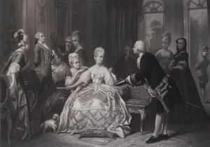 Christoph Willibald Gluck overhandigt Koningin Marie Antoinette de partituur van de opera..., in Trianon door Edouard Jean Conrad Hamman