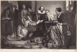 Shakespeare met zijn familie in Stratford on Avon, voordracht van de tragedie van Hamlet