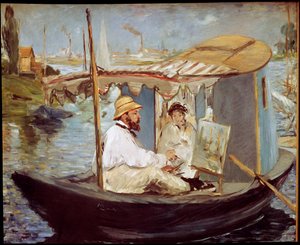 Claude Monet schilderend in zijn studioboot