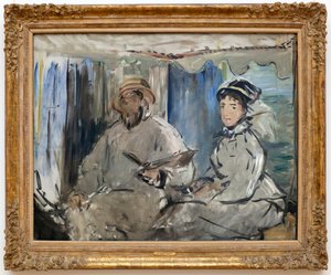 De schilder Claude Monet (1840-1926) in zijn atelier. (Aan zijn zijde, zijn vrouw Camille, in zijn werkplaatsboot) door Édouard Manet