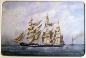 De Rossdhu, drie Engelse matrozen met droog zeilen door Edouard Marie Adam