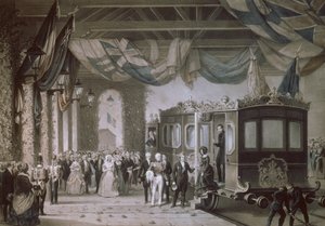 Koningin Victoria en Prins Albert arriveren op Gosport Station, Hampshire, gegraveerd door Bayot & Cuvilier, 1846