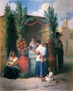 Scène bij een kraampje in een straat in Mexico door Edouard Pingret