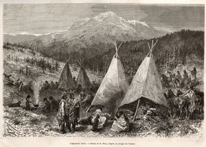 Een Indiaans kamp, in het Utah-gebied, aan de oevers van de Riviere Verte. Gravure naar de tekening van E. Riou, ter illustratie van het verhaal La conquete blanche, door William Hepworth Dixon, in 1875, gepubliceerd in 