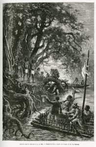Aankomst van het vlot van Dr. Crevaux en E. Lejeanne, aan de oevers van het dorp Mitouas. Gravure door Riou, ter illustratie van de ontdekkingsreis door Nieuw-Granada en Venezuela, door Dr. Crevaux, arts eerste klas van de marine en E. Lejeanne