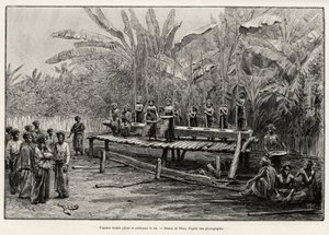 Batak vrouwen, etnische groep van Noord-Sumatra, rijst stampen en schoonmaken. Gravure door Riou. door Edouard Riou