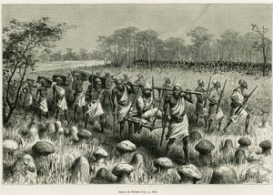 Vertrokken uit Kalassa, de verteller reiziger in zijn stoel met dragers. Gravure door Riou ter illustratie van het verhaal Les lacs de l