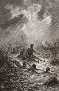Dr. David Livingstone gedragen door dragers door een moeras tijdens zijn expeditie naar Afrika in 1872, illustratie uit 