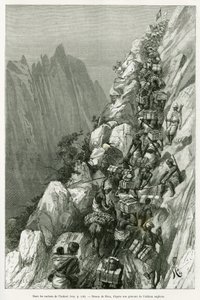 In de rotsen van Ankori. Gravure door Riou, ter illustratie van het verhaal Dans les tenebres de l