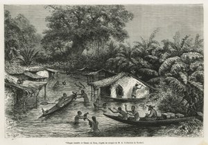 Overstroomde dorpen, tekening door Riou, ter illustratie van het verhaal van een reis naar Gabon en de Ogoue-rivier in 1875-1877, door Alfred Marche. Gravure in 