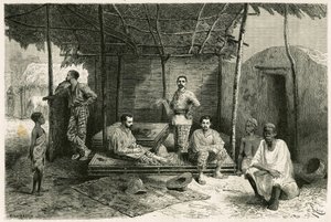 Installatie van de missie in Nango, voor een verblijf van 10 maanden, met portretten van Gallieni en zijn kapiteins Valliere en Pietri, dokter Tautain evenals zijn tolken, gids en kantiniere. Gravure door Riou, gebaseerd op een schets van de auteur, ter il door Edouard Riou
