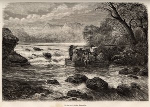 De oversteek per veerboot van de Mesacancha-rivier (Laag Peru), gravure door E.Riou ter illustratie van de reis in de bergen, de vallei van Huarancalqui en de regio