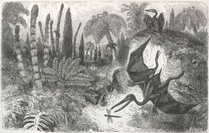 Landschap uit de Lias-periode. Illustratie van een Pterodactylus door Edouard Riou