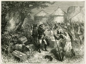Luitenant Valliere verdedigt zich tegen de inwoners van Sibi (of Siby), een Mandingo-dorp in Hoog-Niger (het huidige Mali), waarvan de inwoners zeer verontrust waren door de komst van het verkenningsdetachement. Gravure door Riou, gebaseerd op een schets v door Edouard Riou