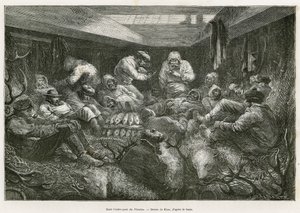 Verdwaald en uitgeput van vermoeidheid, wordt de bemanning van de expeditie opgevangen door het Russische vissersschip, de Nicholas, en eindigt de reis in de ruimen van het schip, gestapeld tussen de vislading en jachttrofeeën (hertengewei, ijsbeerhuid). G door Edouard Riou