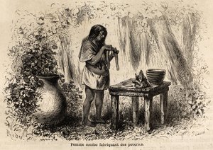 Pottenbakken door een Conibo-indiaan uit Peru, tekening door Riou om de reis van 1848 tot 1860 van P. Marcoy te illustreren. Gravure in 
