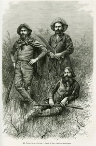 Leden van de expeditie: Mr. Thouar, Mr. Novis en Mr. Valverde. Gravure door Riou, ter illustratie van het verhaal Voyage dans le Chaco Boreal