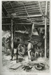 Ochtendaanval op de hut van de ontdekkingsreiziger door Indianen van de oevers van de Amazone. Gravure door Riou, ter illustratie van het verhaal van Cayenne naar de Andes, door Jules Crevaux, arts van de Franse marine, 1878-1879, gepubliceerd in 