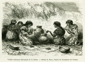 Oude Indiase vrouwen maken shisha. Gravure door Riou, ter illustratie van het verhaal Voyage dans le delta du Pilcomayo et de Buenos Aires a Sucre door Edouard Riou