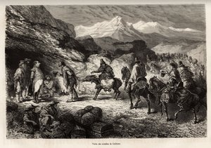 P.Marcoy vindt een vriend, die kolonel van genie en post werd in een grot nabij het meer van Cailloma, samen ontvangen ze het bezoek van de notabelen van de stad, geëtst naar een tekening van E.Riou, ter illustratie van de reis in de bergen, de Huarancalqu door Edouard Riou