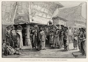 Oorsieraden spelend met Batak meisjes, etnische groep van Noord-Sumatra. Gravure door Riou.