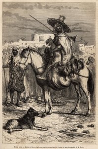 Portret van een Arabische koopman die zijn goederen (lammeren, gevogelte...) op zijn paard naar de markt brengt; de producten worden gepresenteerd in manden of op matten op de grond, gravure naar een tekening van E. Riou, ter illustratie van de reis naar T
