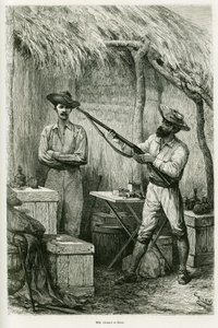 Portret van de auteur Victor Giraud, een scheepsvaandrig en zijn reiziger, Montagu Kerr, een jager. Gravure door Riou, ter illustratie van het verhaal 