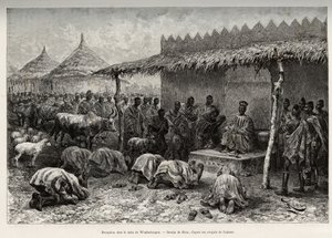Ontvangst bij de naba Sanem, van het Mossi-koninkrijk (of Mosse) van Waghadougou (Ouagadougou, Burkina Faso). Gravure door Riou, ter illustratie van het verhaal 