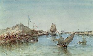 Scheepvaart op het Suezkanaal, uit een souveniralbum ter herdenking van de reis van keizerin Eugenie bij de inauguratie in 1869