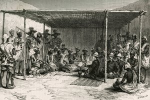 Ondertekening van het verdrag dat het land van Kita (voormalig Frans Soedan, huidig Mali) op 25 april 1880 onder het protectoraat van Frankrijk plaatste tussen commandant Joseph Gallieni (1849-1916) en Tokontan Keita. Gravure door Riou, gebaseerd op een sc door Edouard Riou