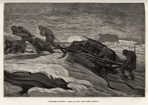 De bemanning van het schip La Germania, afgedaald op het ijs voor een jachtpartij, sleept hun slee over het ijs, terwijl de zon ondergaat, gravure naar de tekening van E.Riou, ter illustratie van een reis naar de Noordpool in 1869-1870 door de kapitein van door Edouard Riou