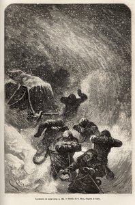 De bemanning van het schip La Germania, afgedaald op het ijs voor een jachtspel, werd verrast door een sneeuwstorm tijdens het slepen van de slee met hun materiaal, gravure naar de tekening van E. Riou, ter illustratie van een reis naar de Noordpool in 186 door Edouard Riou