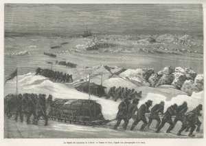 Het vertrek van de Alert-sleden, schip van de poolexpeditie, tekening door Riou, ter illustratie van het verhaal van een reis naar de poolzee in 1875-1876, door kapitein G.S. Nares. Gravure in Le tour du monde. door Edouard Riou
