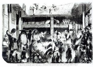 De avond voor vertrek naar Amerika - Duitse emigranten vertrekken naar de VS in het tussendek van een Amerikaanse lijnboot in de haven van Le Havre, c.1850 door Edouard Riou