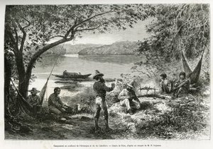 Het kamp van de ontdekkingsreizigers, bij de samenvloeiing van de Orenoque en de Cabullero rivier