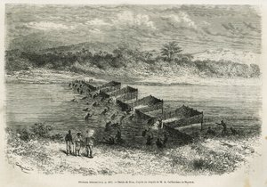 De visserij-industrie aan de rivier Eboga, die de vissen vangt, leidt door de stroomversnellingen via zijn bamboekooien, tekening door Riou, ter illustratie van het verhaal van een reis naar Gabon en de rivier Ogoue, 1875-1877, door Alfred Marche. Gravure 