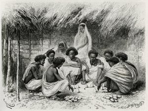Het spel van de beker, of het spel van de vlieg, voor elke speler zijn inzet, hier een ei in het zand, dan wachten allen in stilte tot een vlieg op een ei landt en de winnaar trekt die alle inzetten wint, in Somalië (of Somaliërs). Gravure door Riou, ter i