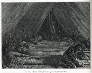 Het interieur van de tent op de ijsschots, tekening door Riou, ter illustratie van het verhaal van een reis naar de poolzee in 1875-1876, door kapitein G.S. Nares (1831-1915). Gravure in 