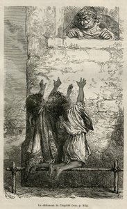De bestraffing van de goddeloosheid, twee kinderen knielen op een paal geplaatst op pinnen en worden in hun kwelling gadegeslagen door de parochie van het dorp, tekening door E. Riou, ter illustratie van de reis in de regio van Titicaca en de valleien van  door Edouard Riou